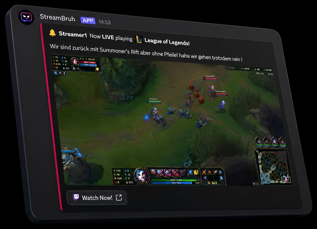 Example Discord live stream alert with a preview image and watch button